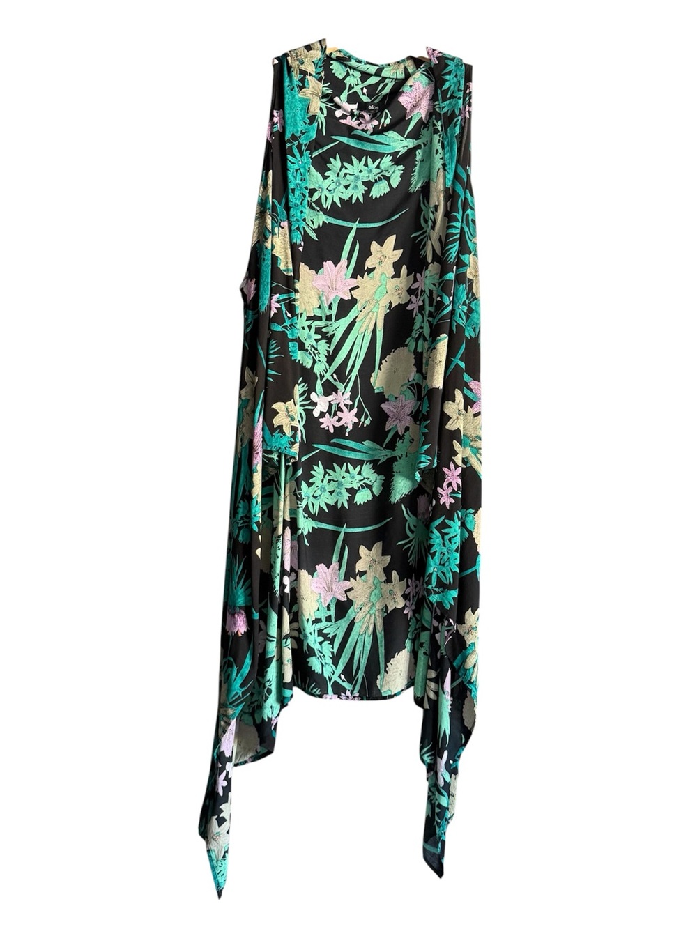 ellos Vintage Black Floral Waterfall Kimono with Teal and Light Pink Print